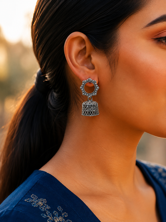 Floral Grace Silver Bell Jhumka