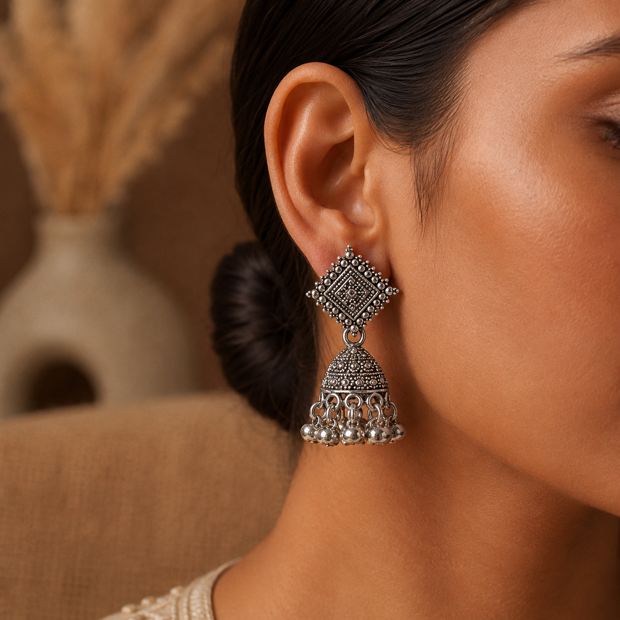 Mini Triangle Oxidised Ghungroo Jhumka